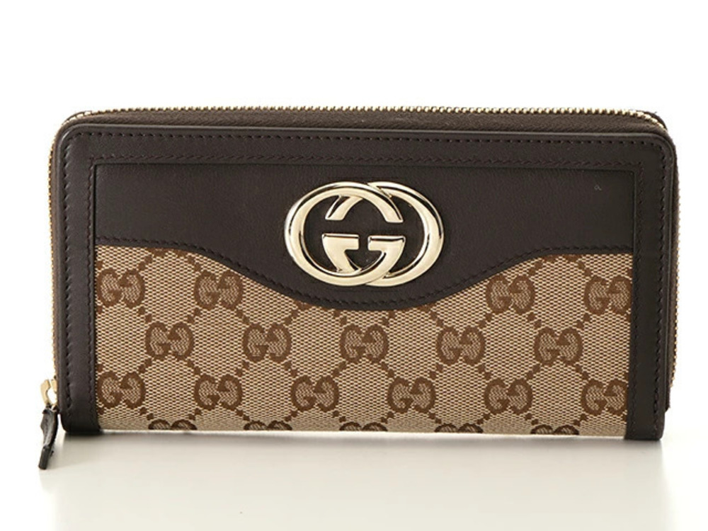 Gucci wallet round long canvas calfskin dark brown Beige Cream